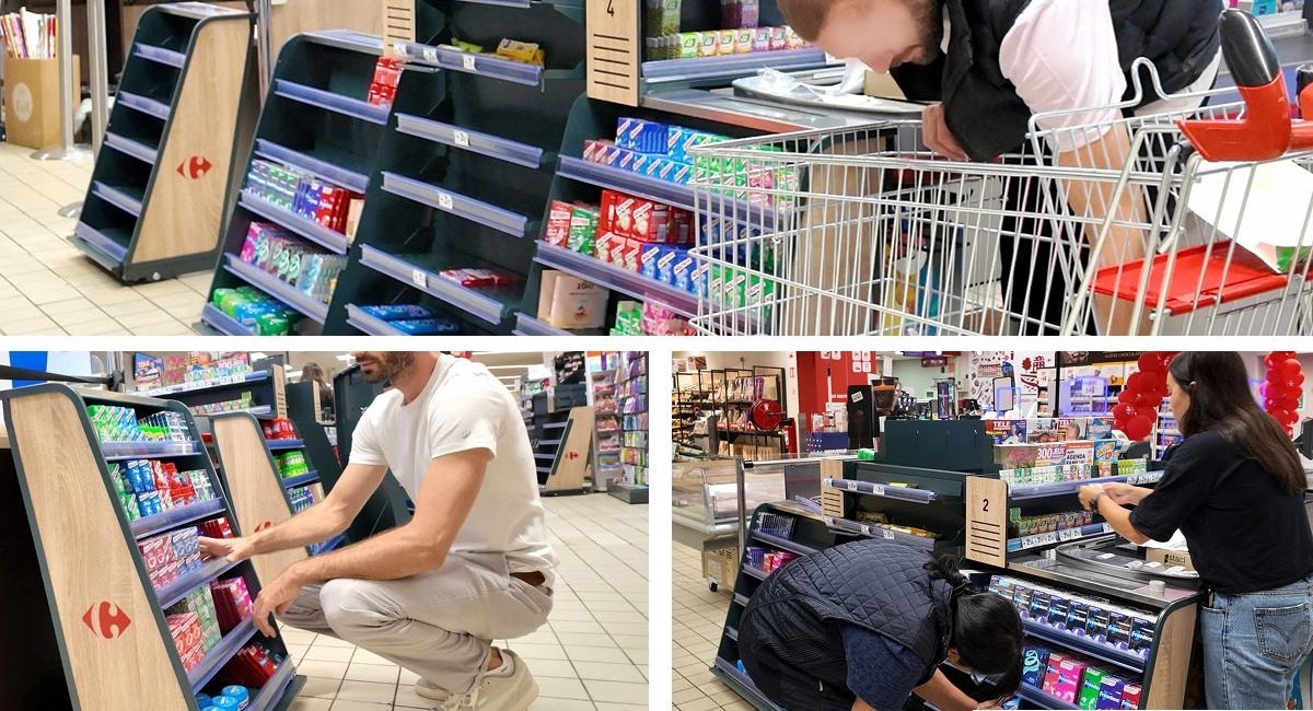Des Pr�sentoirs Devant de Caisse pour Carrefour Market